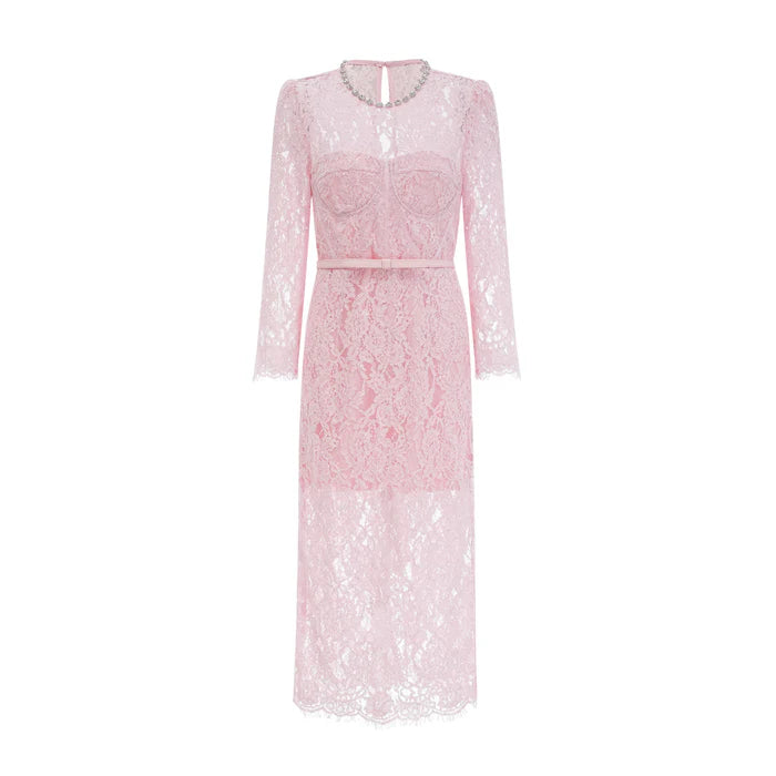 Elisabetta pink embellished floral-embroidered lace midi dress