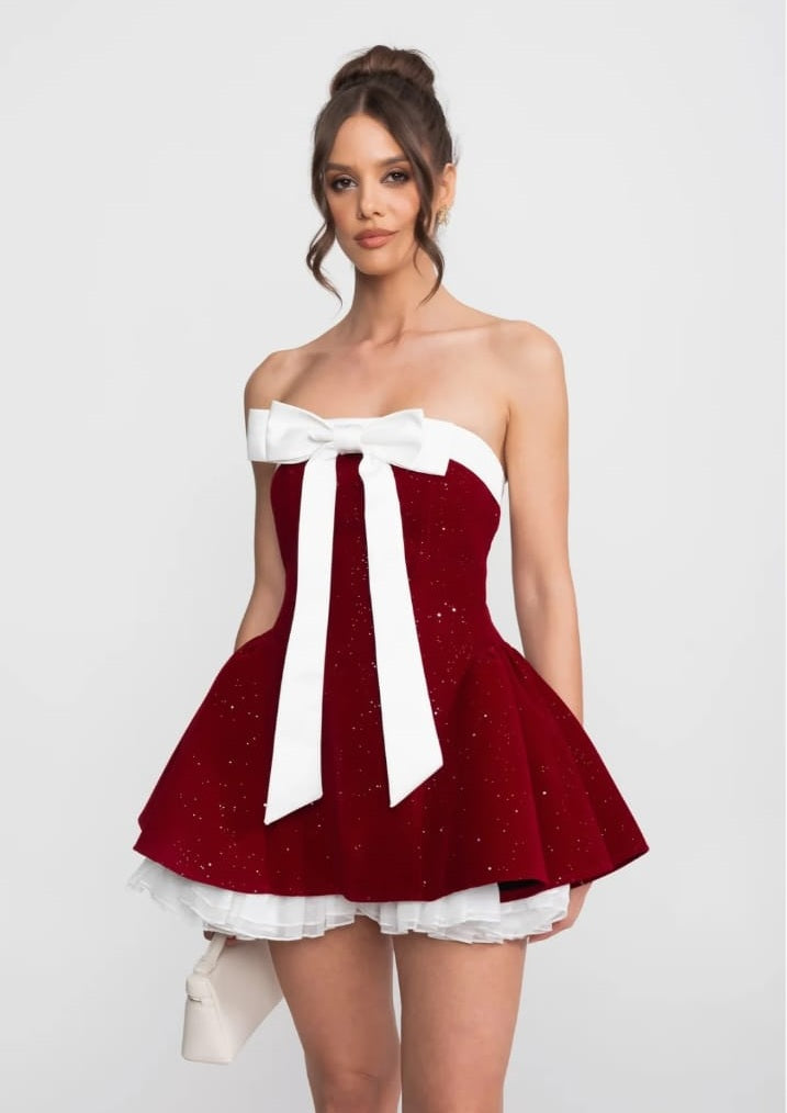 Strapless Velvet Mini Dress With Satin Bow And Ruffle Hem - Red