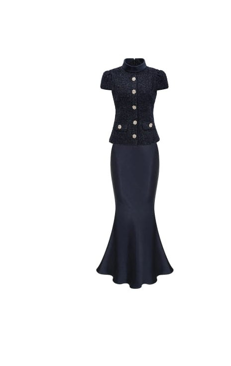Josette blue peplum-waist panelled maxi dress
