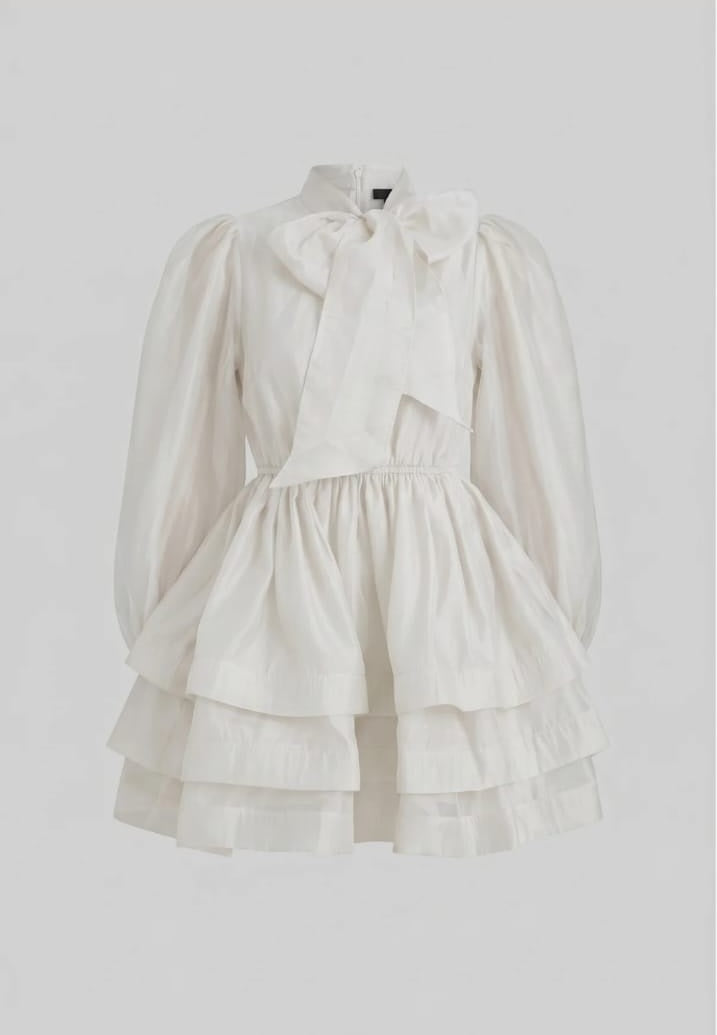 High Neck Puff Sleeve Mini Dress with Layered Ruffle Skirt and Bow - White