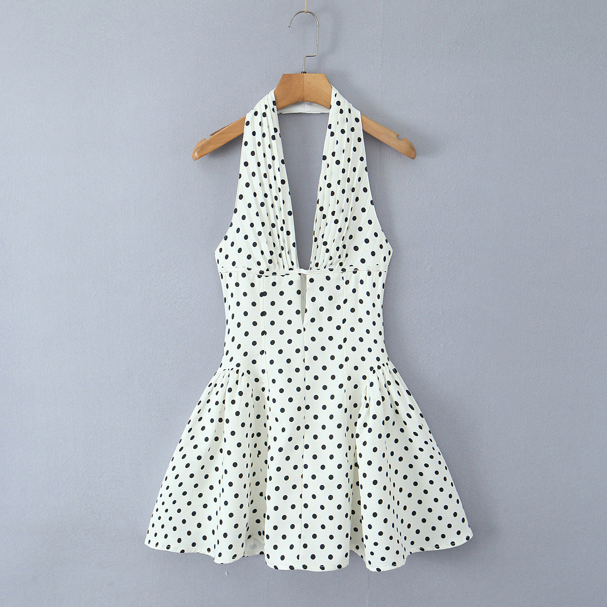 V-Neck Backless Halter Neck Cinched Waist Dress -Dots