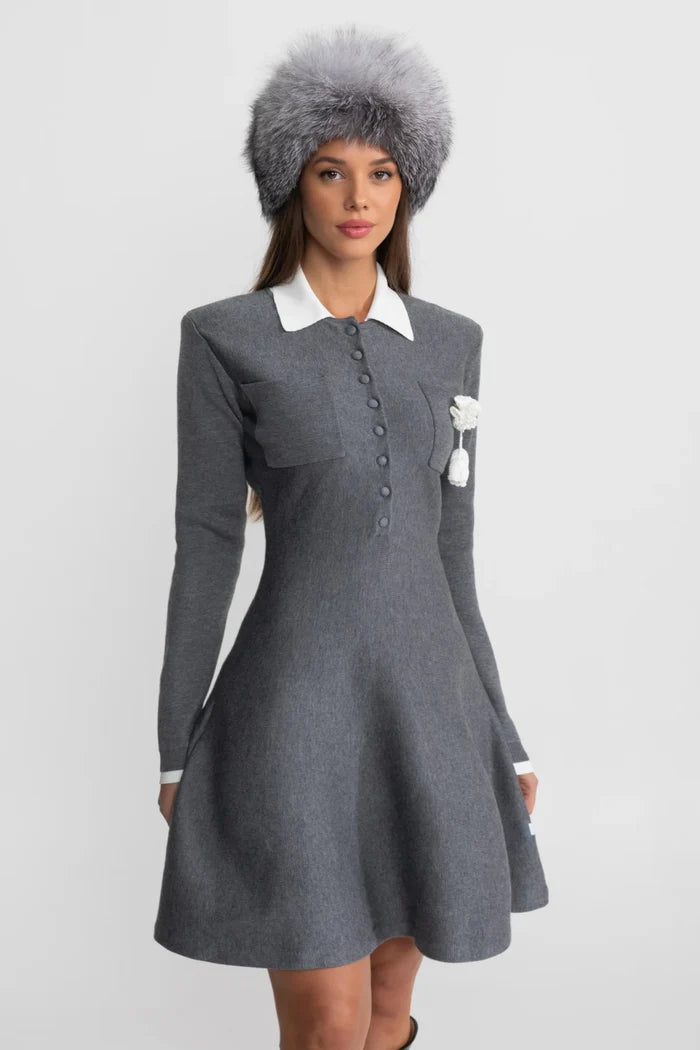 Mini Dress with Contrast Collar and Floral Brooch - Gray