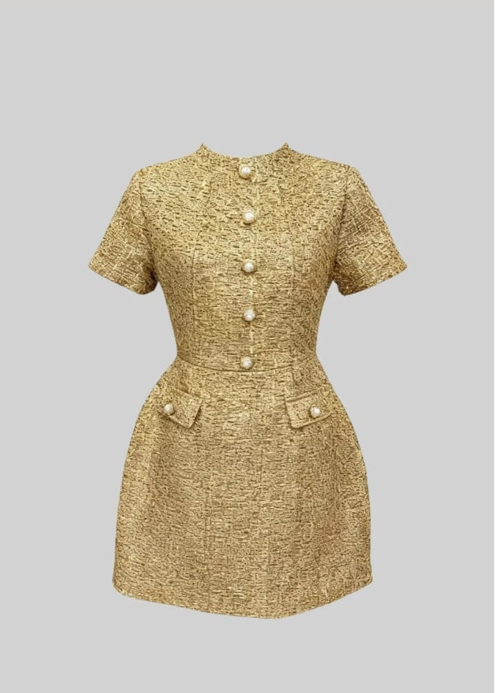 Tweed Mini Dress With Round Neckline And Pearl Button Detail - Gold