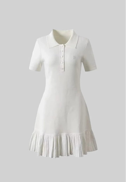 Short Sleeve Polo Mini Dress With Pleated Ruffle Hem - White