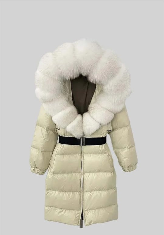Long Puffer Jacket With White Fox Fur-Lined Hood -Beige
