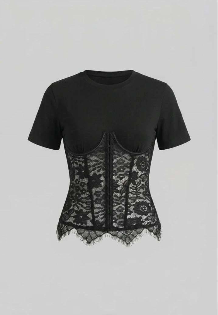 Short Sleeve Top With Lace Corset Overlay - Black