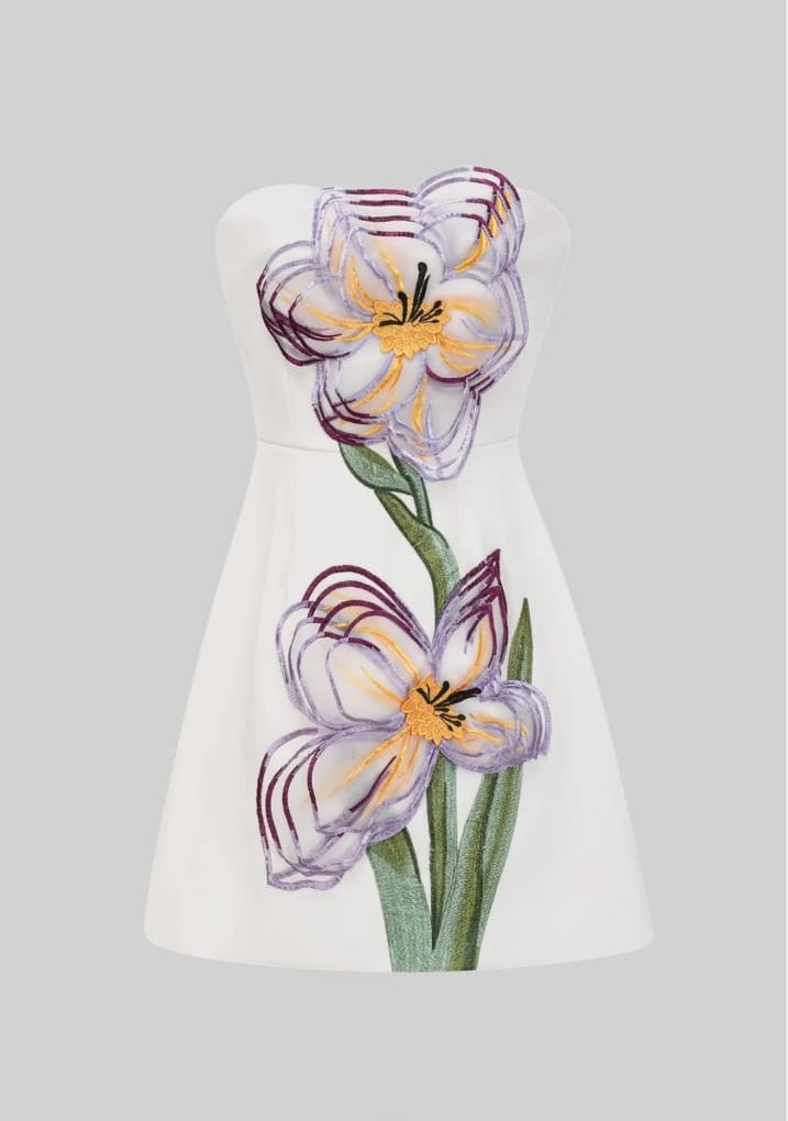 Strapless Mini Dress With 3D Iris Floral Appliqué - White