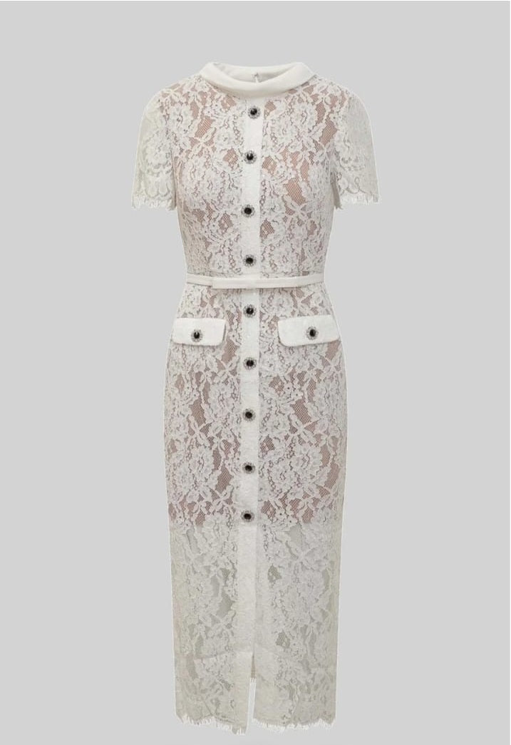 Elegant Short Sleeve Lace Dress With Matching Waist Belt - White