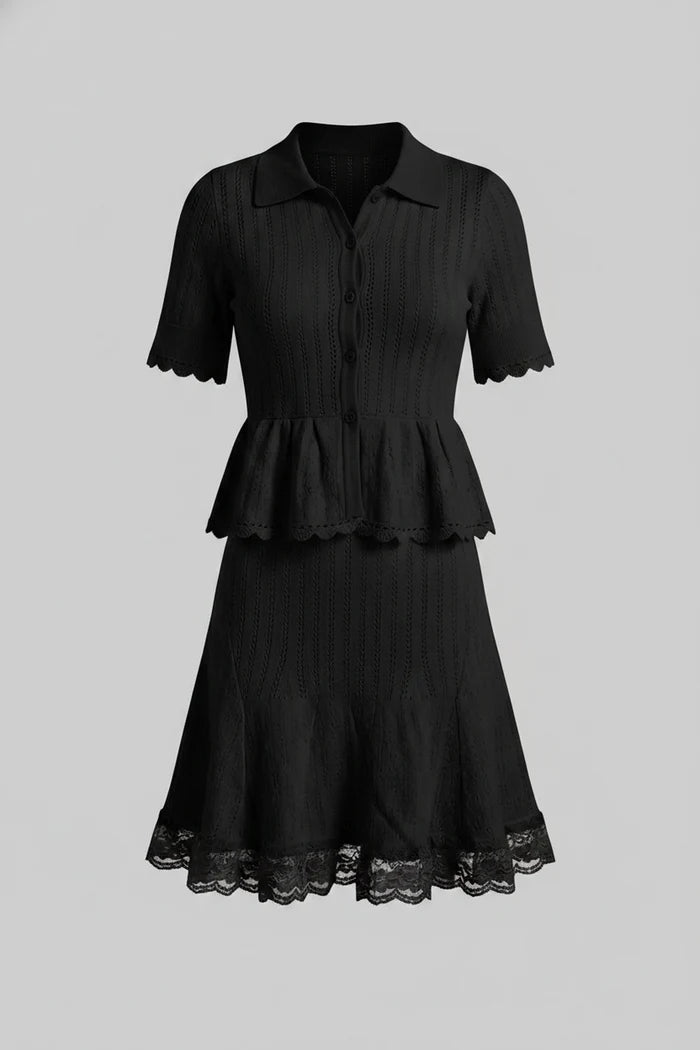 Polo-Collar Mini Dress With Button Top, Peplum Waist And Lace Hem - Black