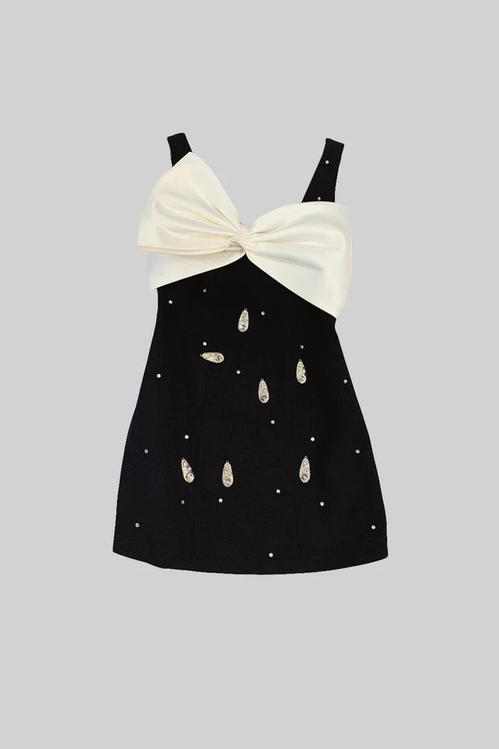 Embellished Mini Dress With White Neckline Bow - Black