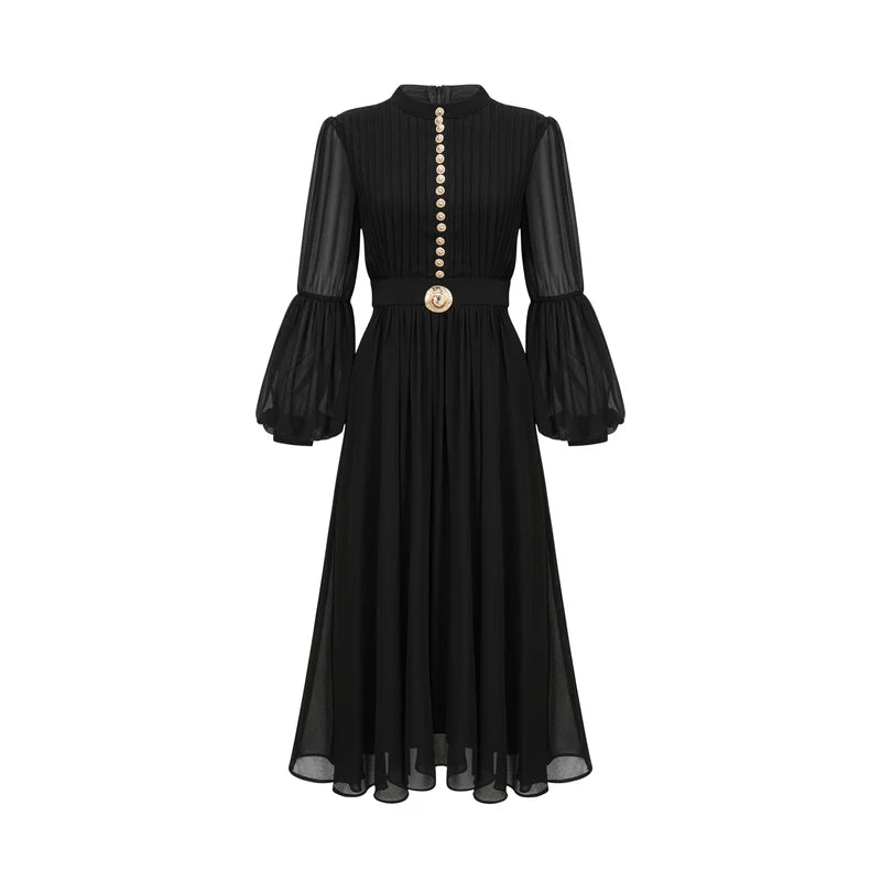 Viviane black pleated button-front midi dress