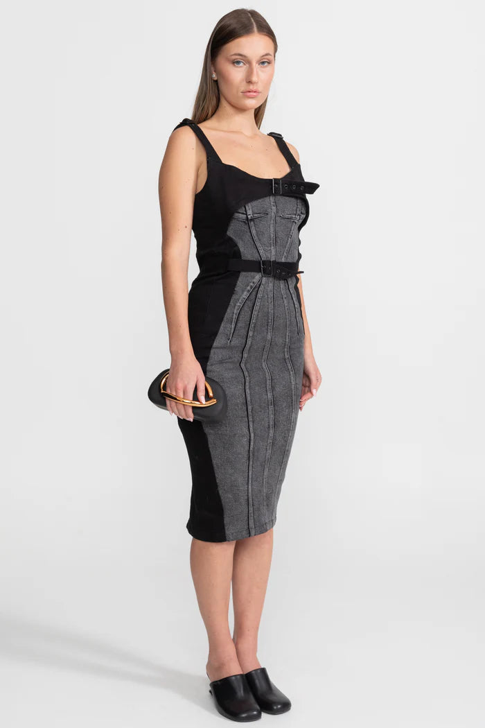 Panelled Denim Midi Dress With Buckled Belts – Charcoal