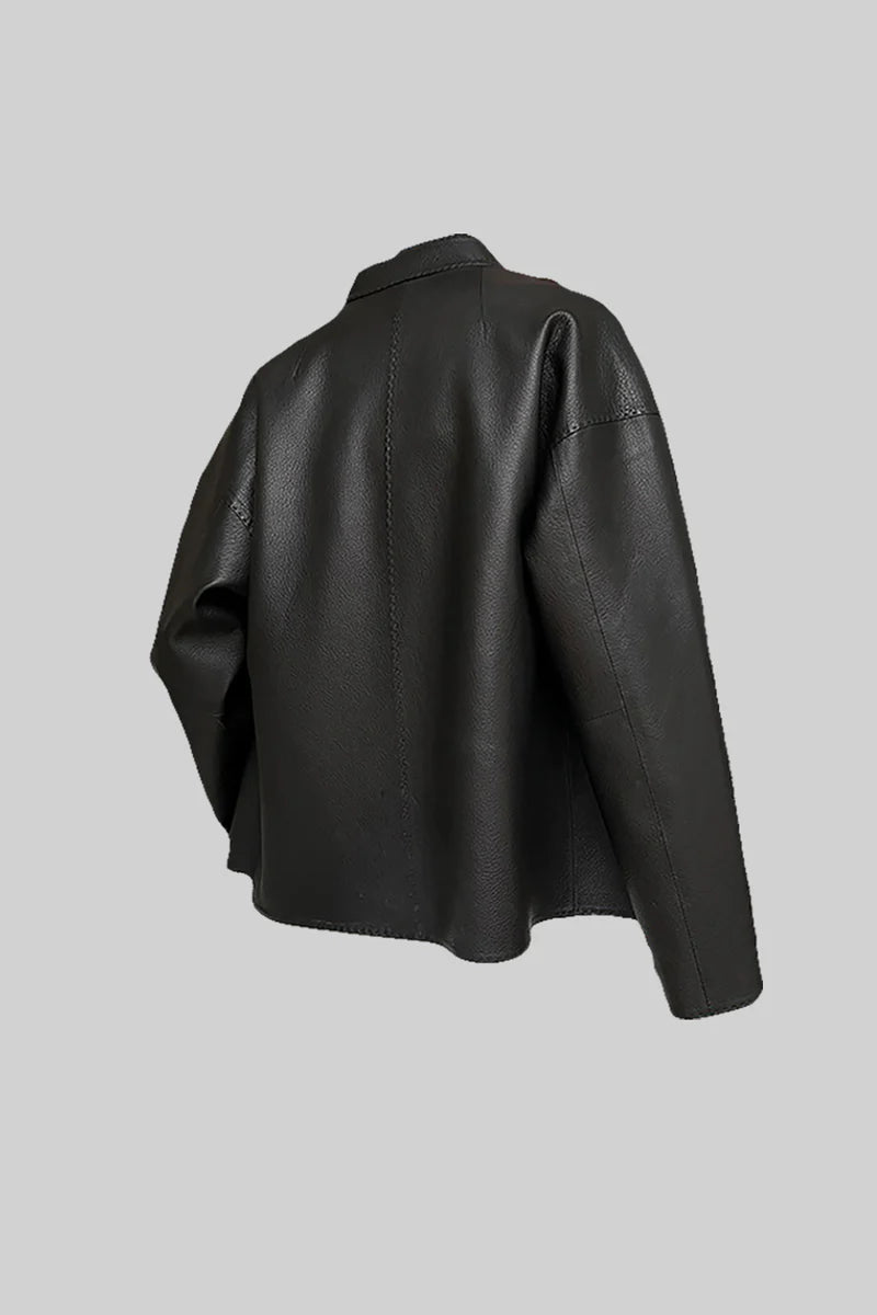 Vegan Leather Jacket with Adjustable Waistbelt - Black