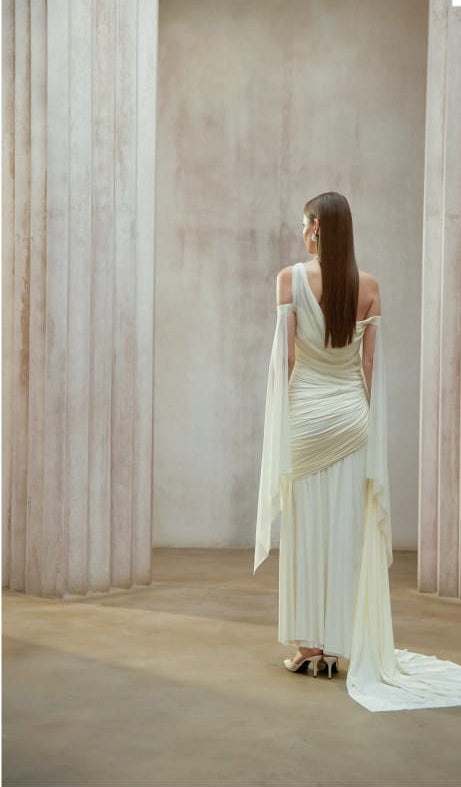 Aurianne White Asymmetrical Draped Maxi Dress