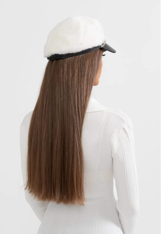 Mink Fur Hat With Leather Visor - White