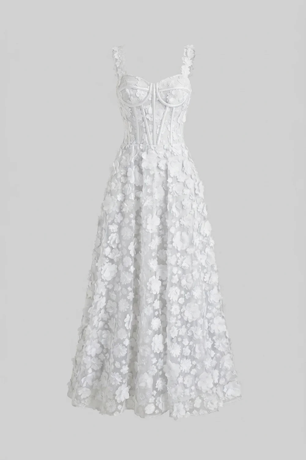 Floral Appliqué Maxi Dress With Corset Bodice - White