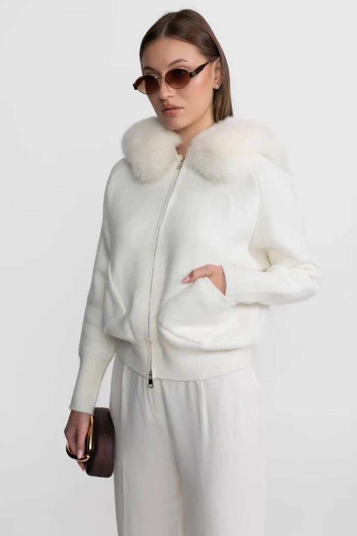 Zip-Up Wool Hoodie With Fox Fur Collar – White