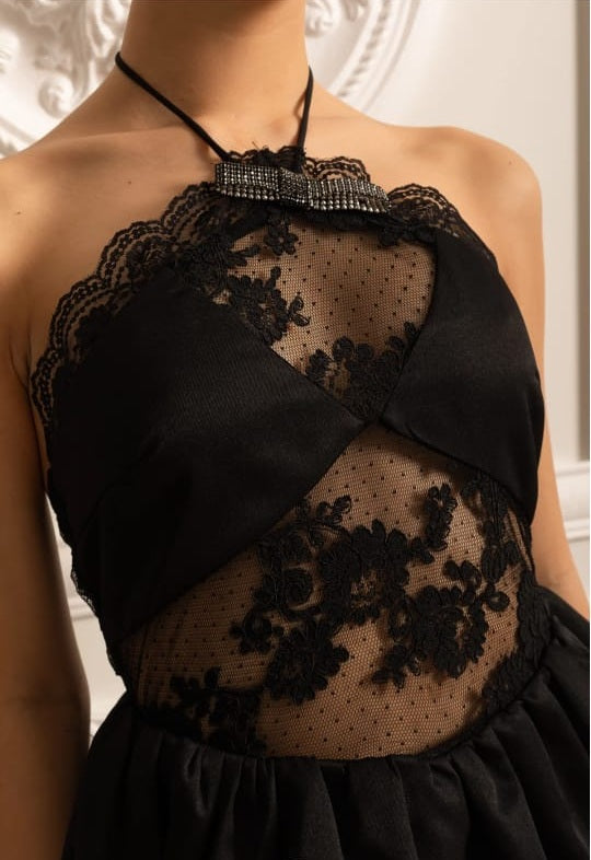 Mini Dress With Ruffled Skirt And Sheer Floral Lace Patterns - Black