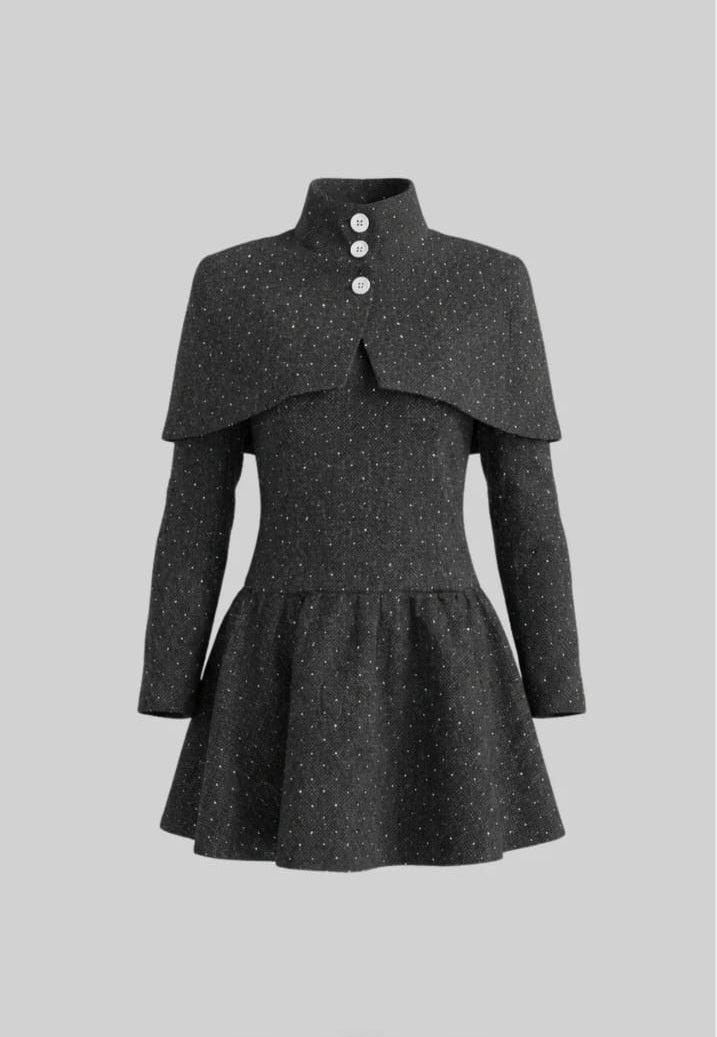 Long Sleeve Mini Dress With Detachable Cape Overlay - Charcoal