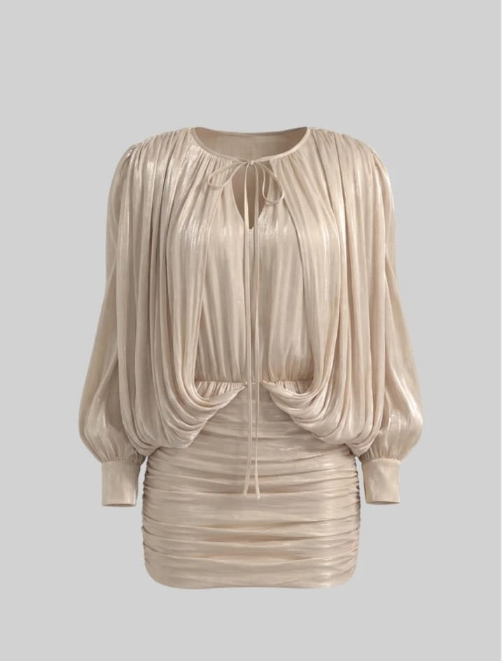 Draped Long Sleeve Mini Dress With Batwing Sleeves - Champagne