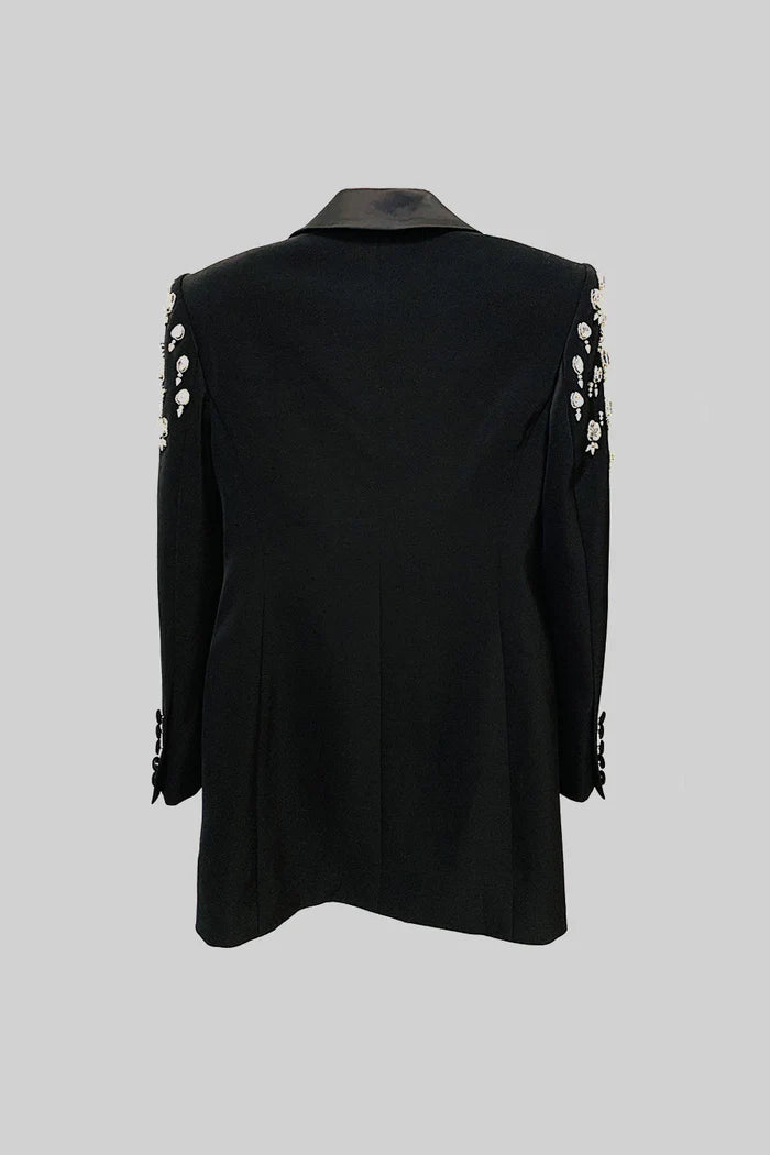 Elegant Blazer With Diamond Embellished Shoulders - Black