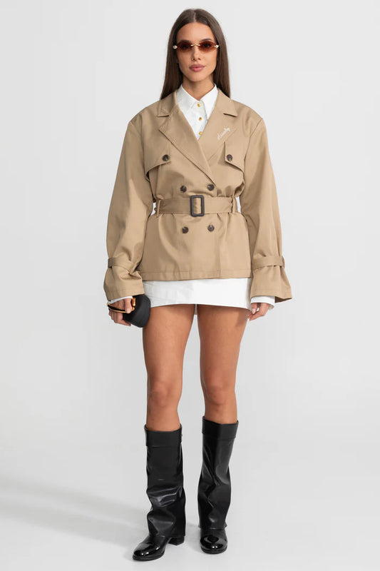 Cropped Double-Breasted Trench Jacket With Belted Waist – Camel