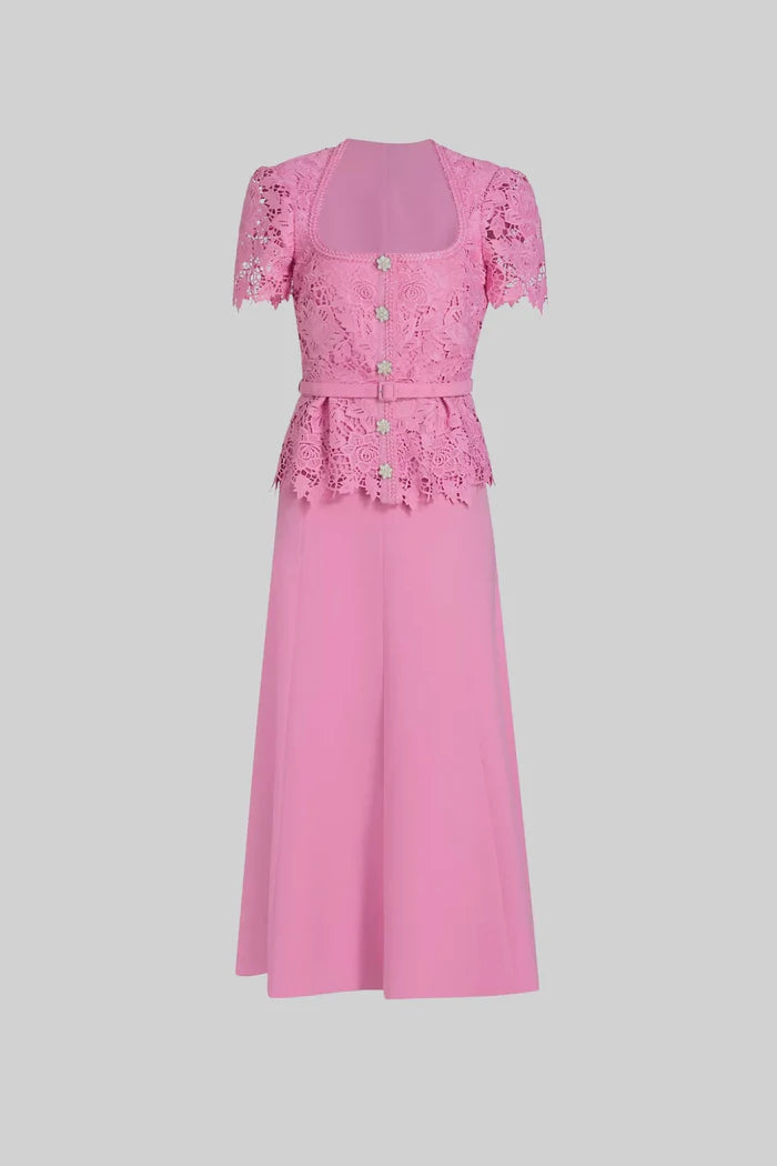 Elegant Dress With Lace Top, Matching Belt And Coordinated Skirt - Pink