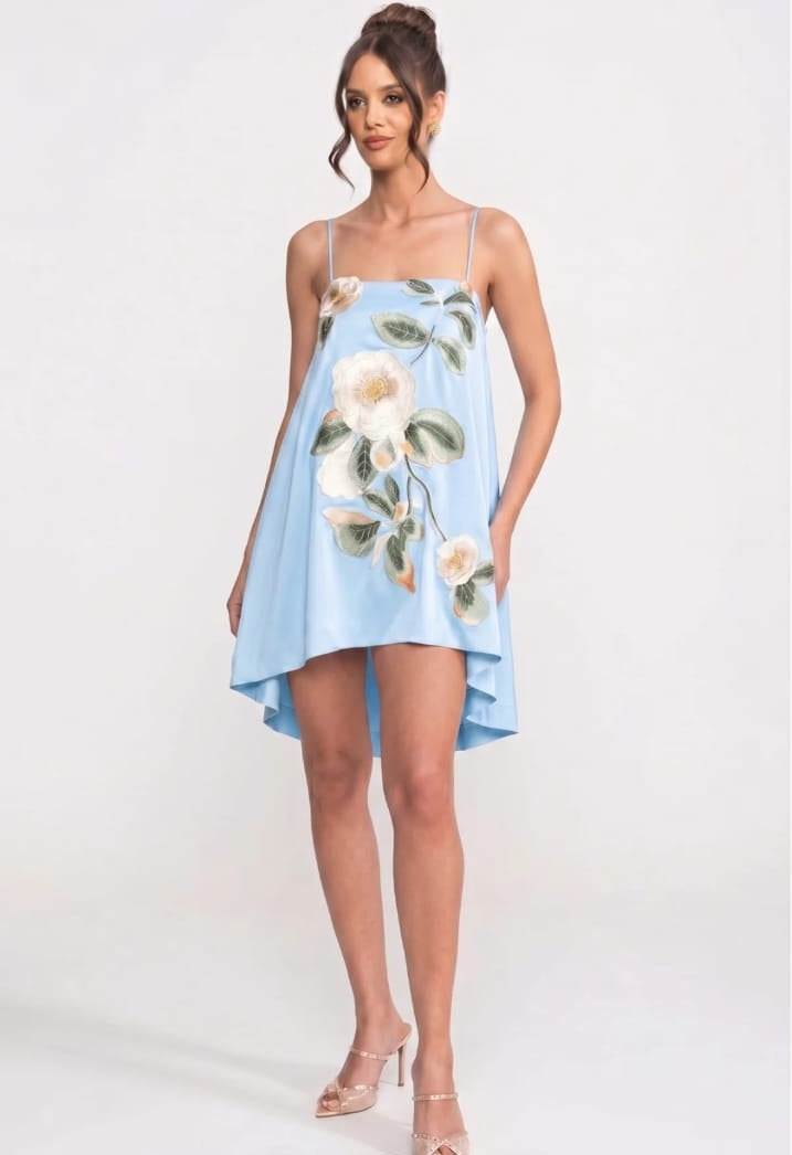 Thin Strap Mini Dress with 3D Floral Appliqué and A-Line Skirt - Blue