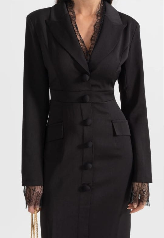 Elegant Buttoned Dress With Lace Details - Black