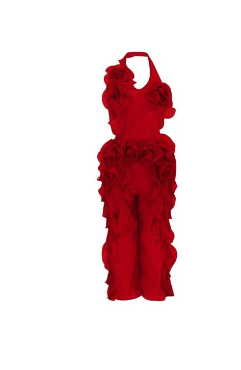 Hannabella Red Asymmetrical Ruffled Floral Mini Dress