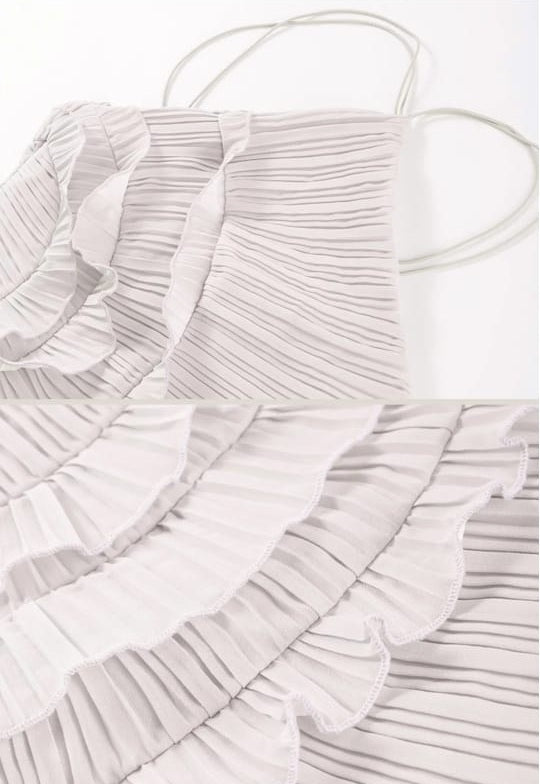 Pleated Halter Midi Dress With Cascading Ruffle Details - White Pleated Halter Midi Dress With Cascading Ruffle Details - White