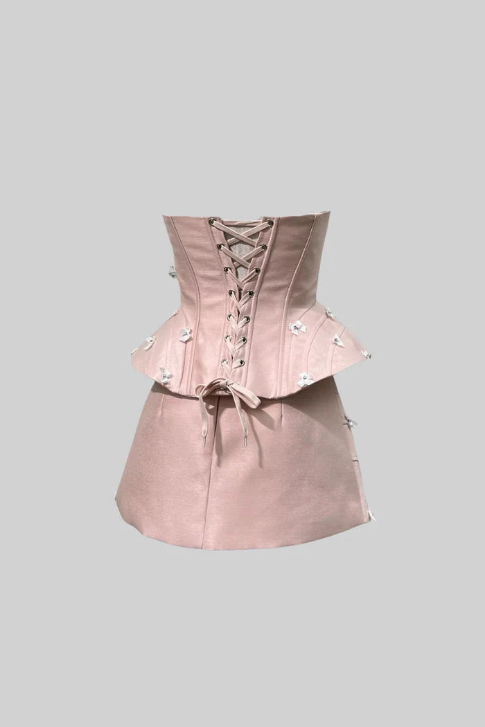 Elegant Set With Peplum Silhouette Top And Mini Skirt - Pink