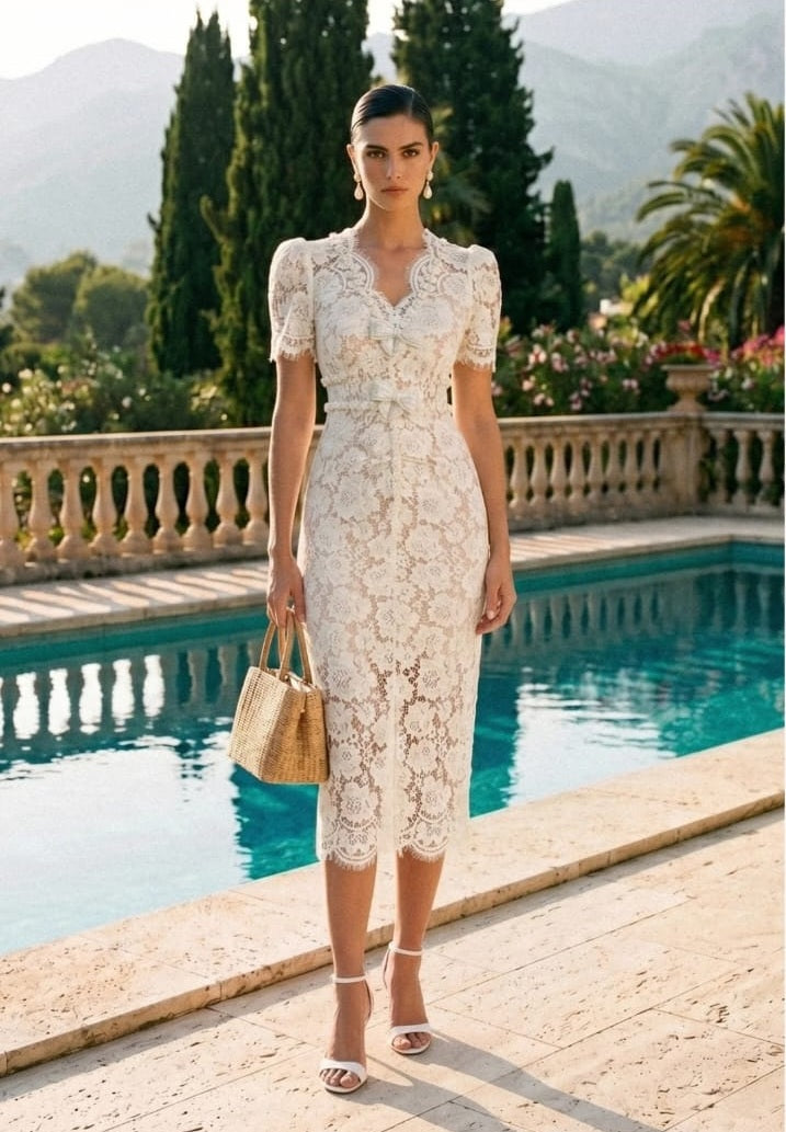 Embellished Lace Midi Dress With Bow Detailing – Ivoire