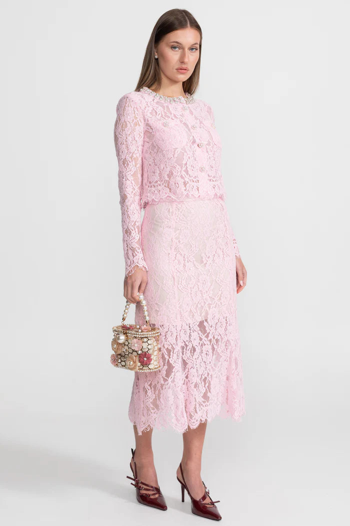 Lace Co-ord Set with Embellished Collar and Buttons - Pink