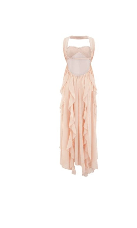 Mariah Pink Chiffon Ruffle Halterneck Maxi Dress
