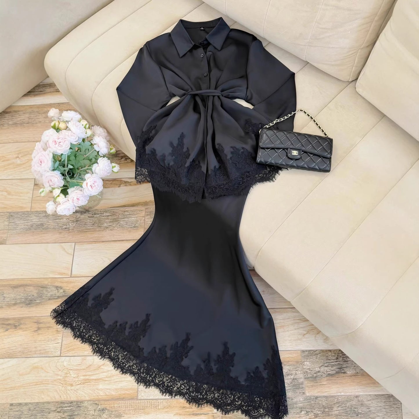 Splicing Lace-Up Long-Sleeved Shirt and Skirt Two-Piece Set