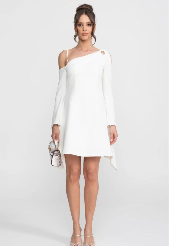 Asymmetric Cold-Shoulder Mini Dress With Long Sleeves And Gold Brooch - White