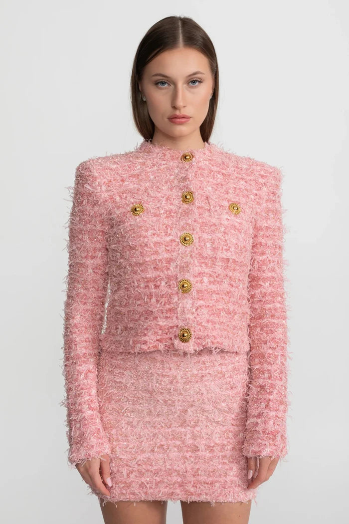 Textured Tweed Mini Dress With Gold Button Embellishments – Pink
