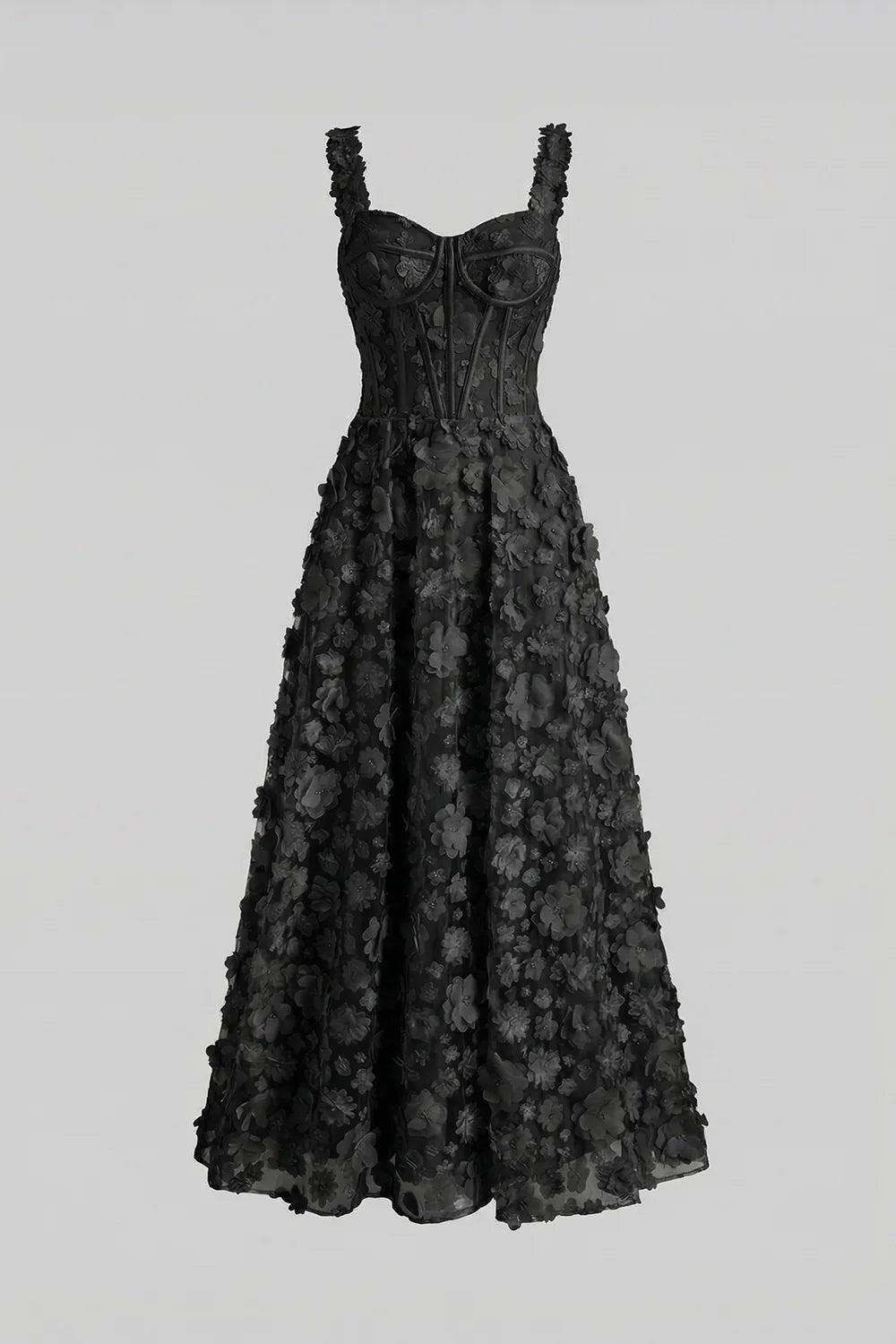 Floral Appliqué Maxi Dress With Corset Bodice - Black