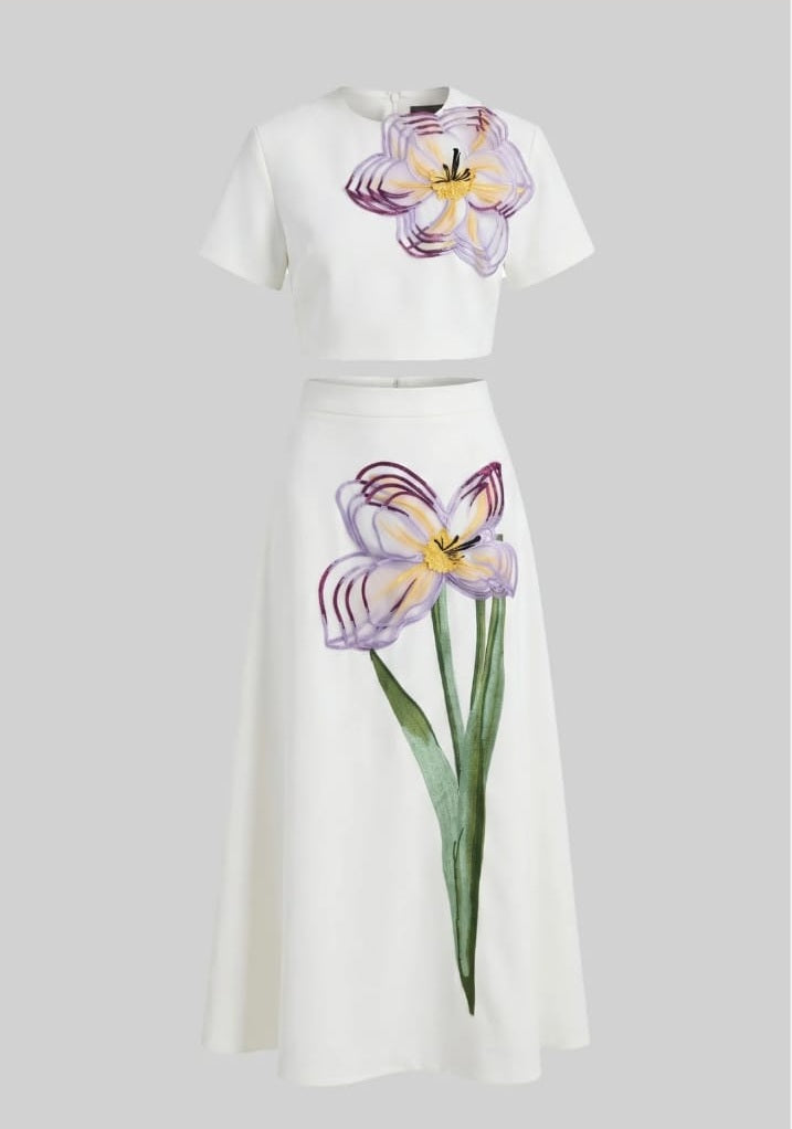 Short-Sleeve Floral-Print Co-Ord Set With Crop Top And Maxi Skirt - White