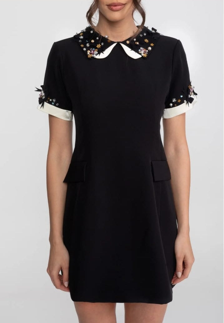 Mini Dress With Crystal-Embellished Peter Pan Collar And Jewel Cuffs - Black