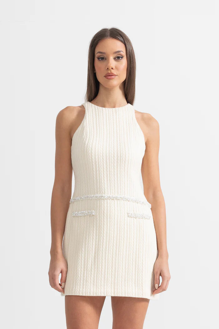 Elegant Sleeveless Textured Mini Dress- Ivoire