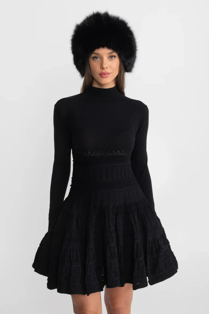 Textured Knit Mini Dress with Flared Skirt - Black