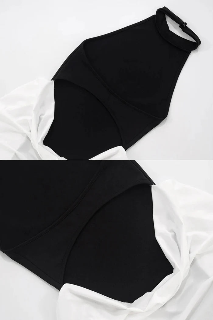 Halter Maxi Dress with Contrasting Ruched Paneling - Black/White