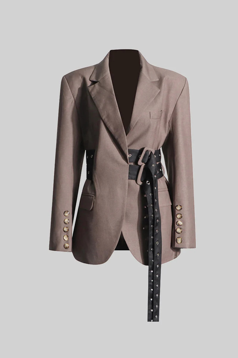 Contemporary Blazer With Dual Belt - Brown