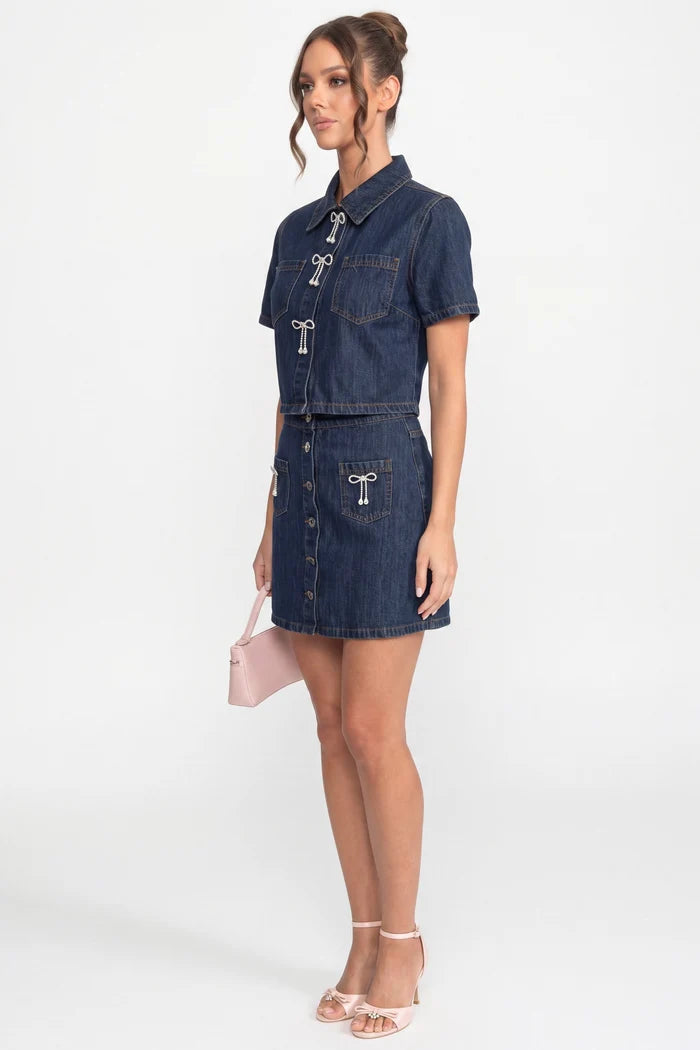 Denim Shirt And A-Line Skirt Co-Ord Set With Sparkling Bow Details - Blue