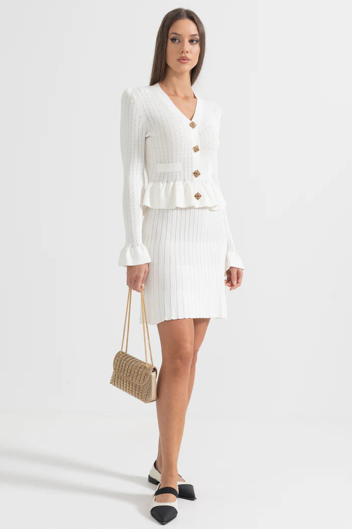 Long Sleeve Knitted Dress With Gold Buttons And Peplum Waist - White