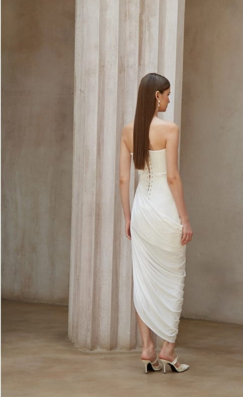 Wanda White Asymmetrical Ruched Midi Dress