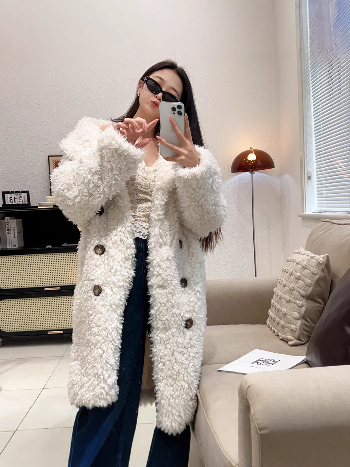 Lambswool fur long coat