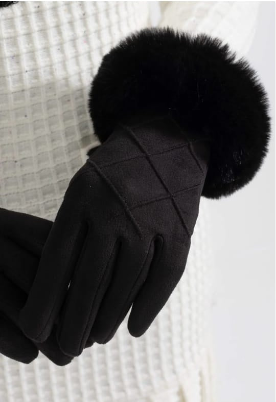 Suede Quilted Gloves With Fur - Black